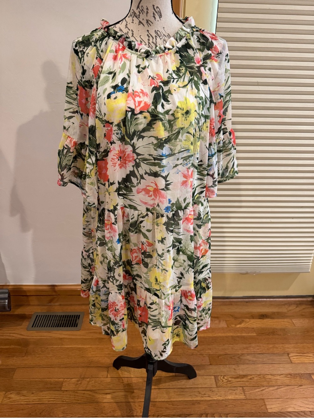 H&M White Floral Off-Shoulder Midi Dress with Pink & Yellow Blooms
